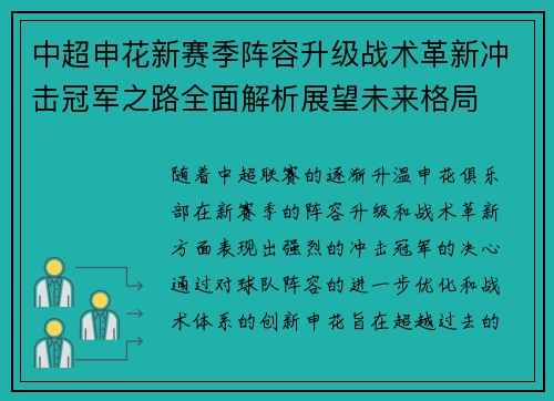 中超申花新赛季阵容升级战术革新冲击冠军之路全面解析展望未来格局 中超申花新赛季阵容升级战术革新冲击冠军之路全面解析展望未来格局