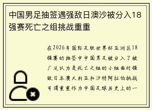 中国男足抽签遇强敌日澳沙被分入18强赛死亡之组挑战重重